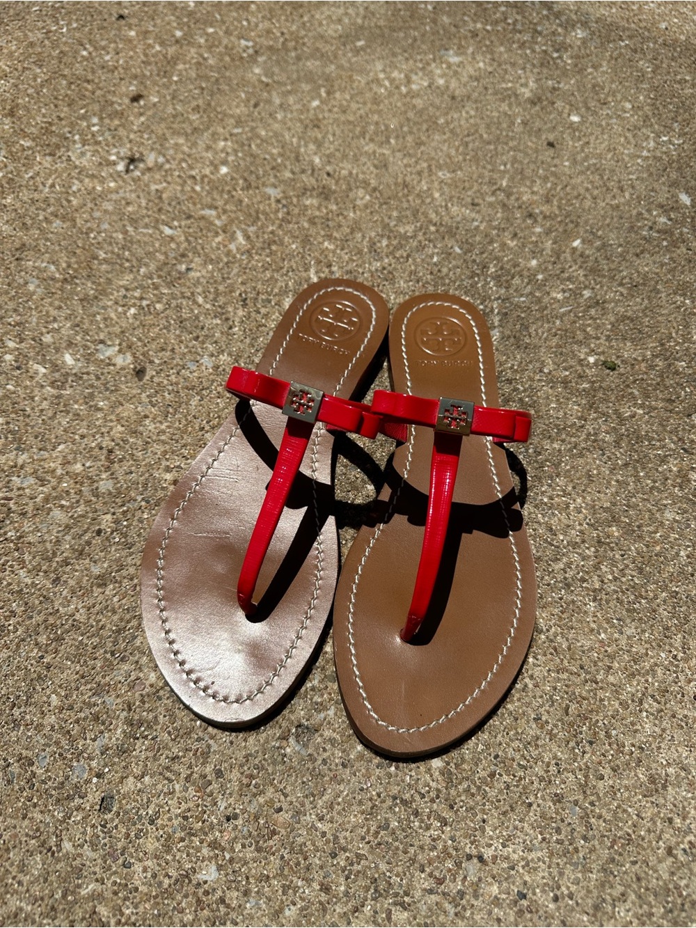 Tory Burch Red Leather T-Strap Sandals with Tan Footbed 8.5